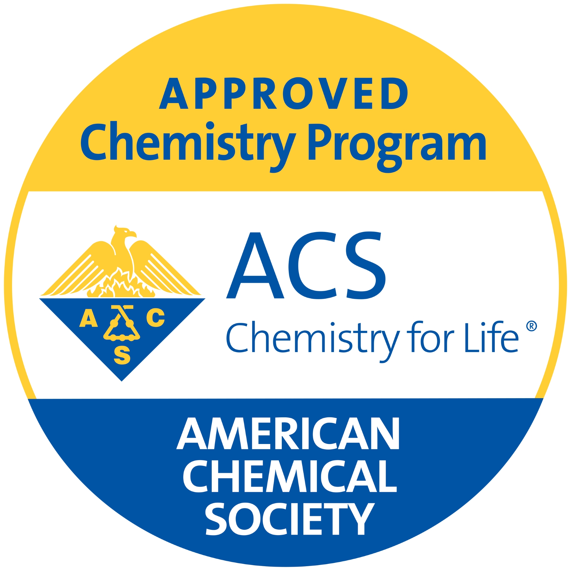A badge indicating that chemistry department's degree programs are certified by the American Chemical Society.