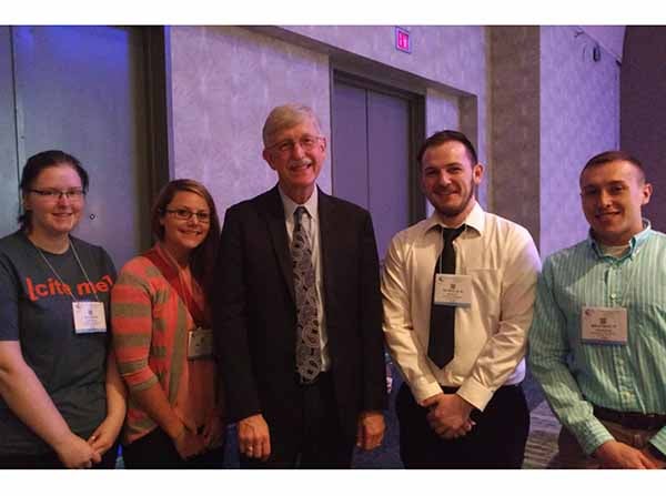 Marshall students with NIH Director Dr. Francis Collins (center) at the 2016 American Society for Biochemistry and Molecular Biology national meeting in San Diego, CA. Left to right: Alexis Kastigar, Shelley Naylor, Collins, Nick Kegley, Brandon Murdock.Marshall students with NIH Director Dr. Francis Collins (center)