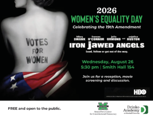 Image depicting a movie poster from the original release of the "Iron Jawed Angels" film. The image includes the date, time, and location of the film screening, inviting the public to attend.