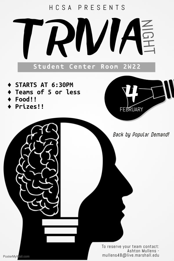 Honors College Student Association Trivia Night Poster for Spring 2019