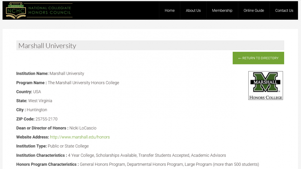 NCHC Online Guide entry title page screen capture for Marshall University