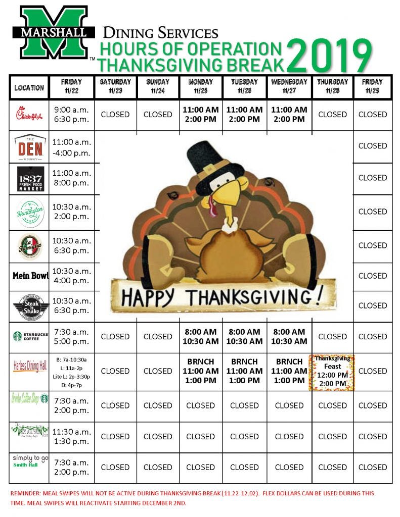 2019 Fall Break Dining Hours of Operation