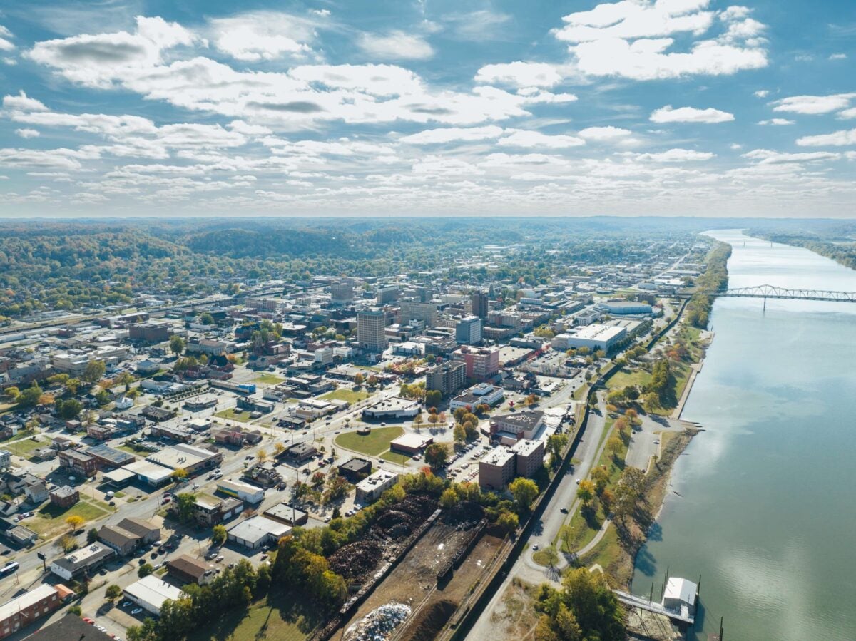 drone shot of campus and Huntington from the river