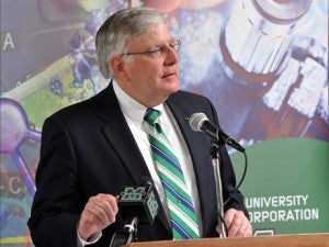 Marshall University President Stephen J. Kopp announcing Marshall's CTSA partnership with the University of Kentucky on June 14, 2011.