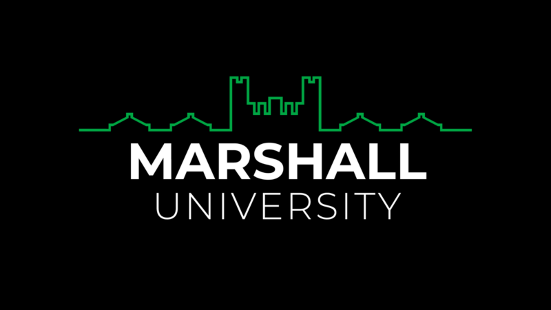 Marshall University wordmark with Old Main outline on a black background