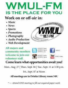 Fall 2018 WMUL-FM Recruitment Meeting Flyer