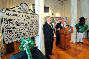 Marshall President Stephen J. Kopp, Acting Governor Tomblin and Marco.