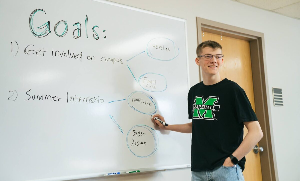 student standing at a white board pointing out goals