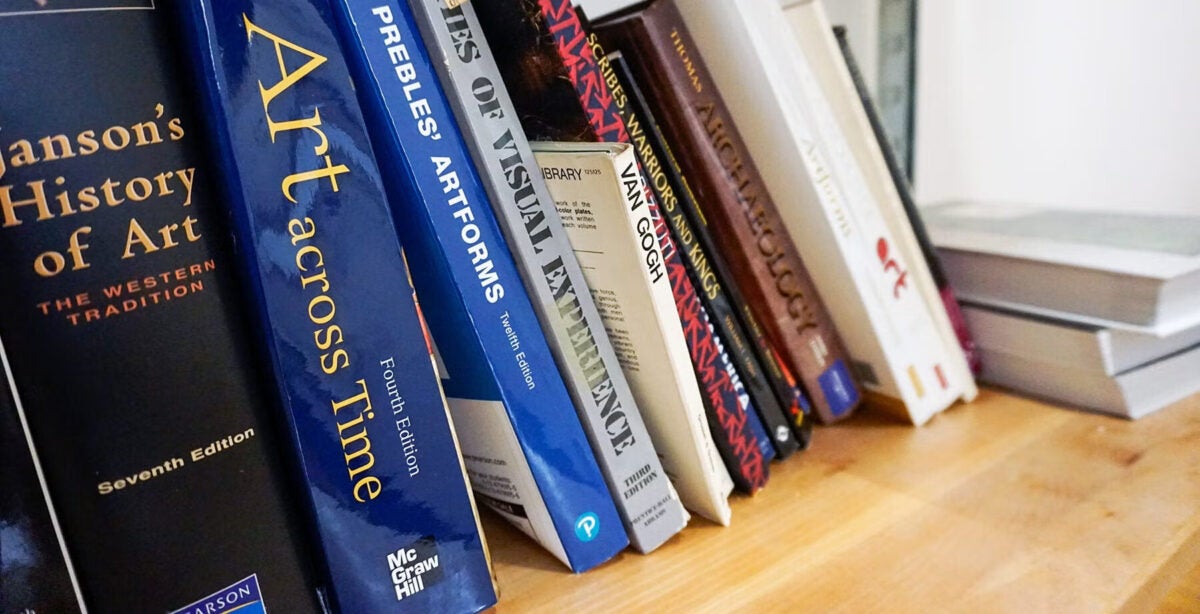 Closeup photo of art books on shelf