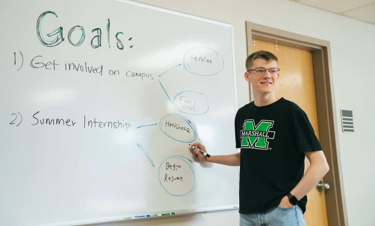 student standing at a white board pointing out goals
