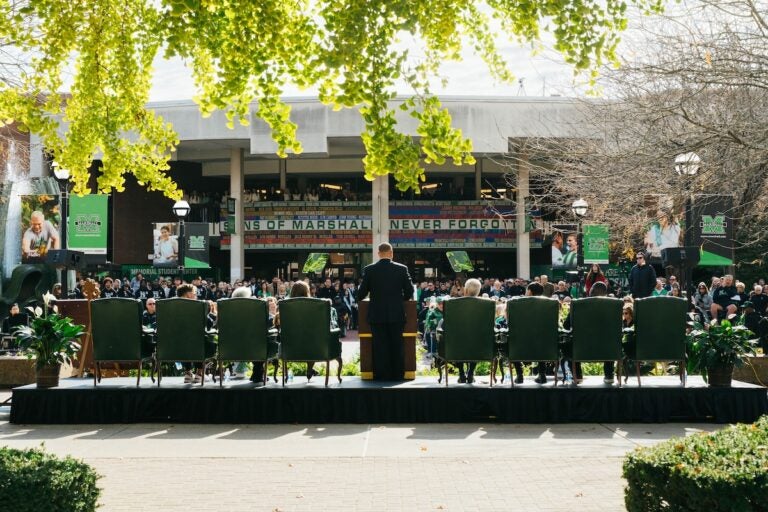 wide shot of the annual fountain ceremony at Marshall University