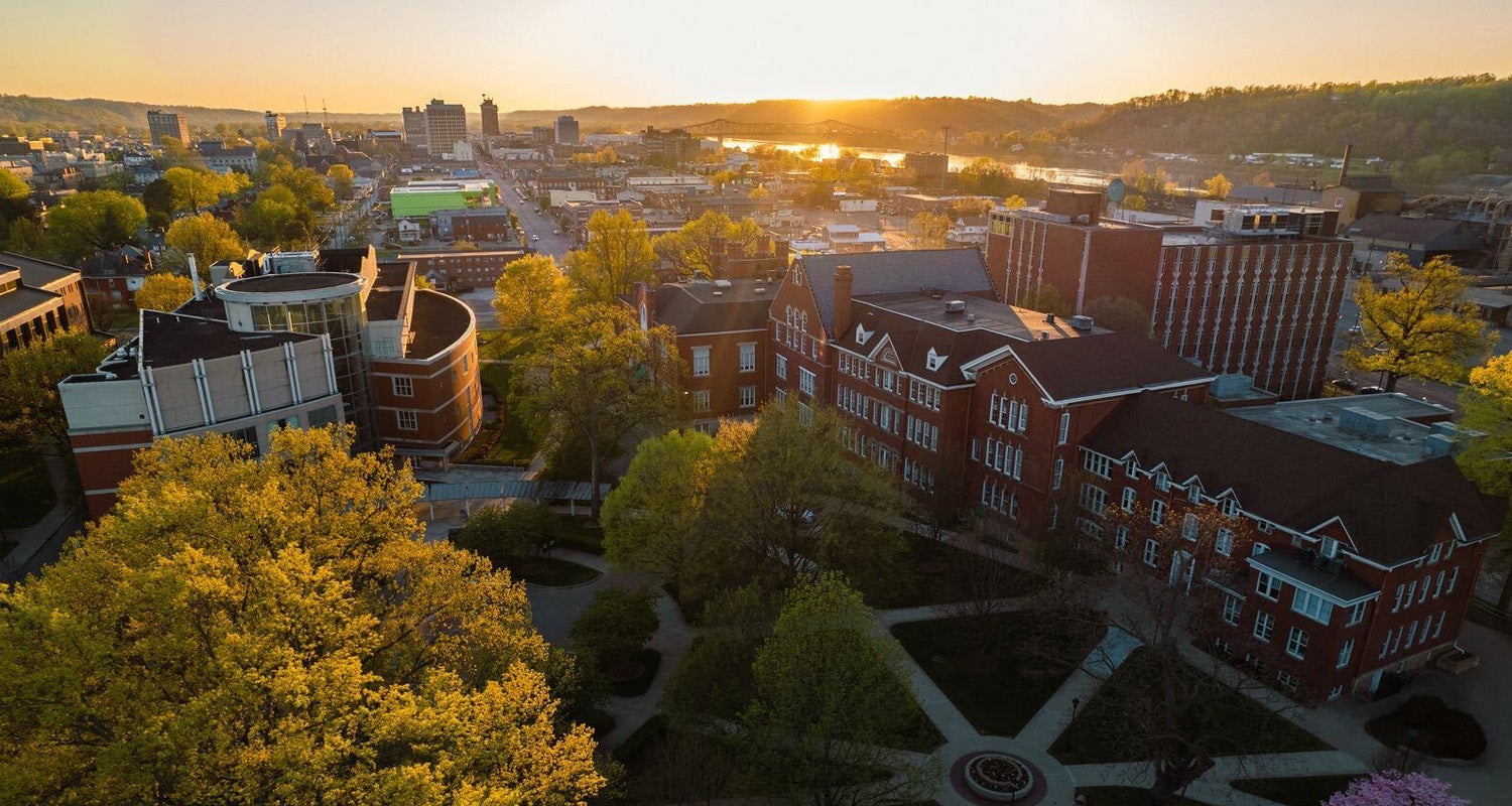 Marshall University's Huntington campus from above at sunset
