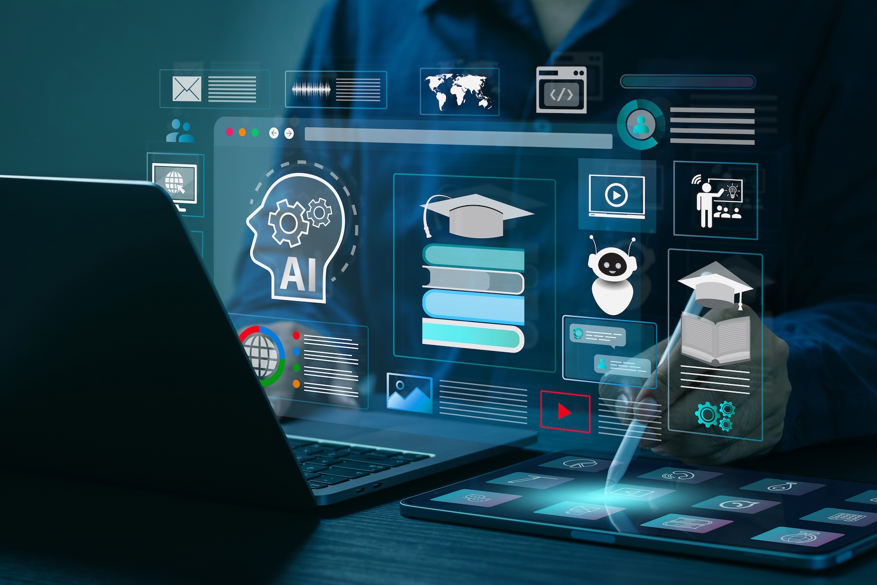 laptop with student AI symbols projected in a graphic