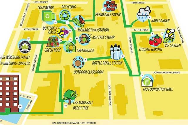 Illustrated campus map showing Green Trail sustainability features, including gardens, recycling stations, outdoor learning spaces, and notable trees.