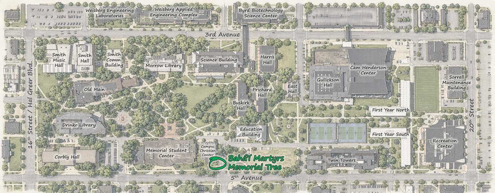 Campus map highlighting the location of the Baháʼí Martyrs Memorial Tree at the southeast corner of the Campus Christian Center.