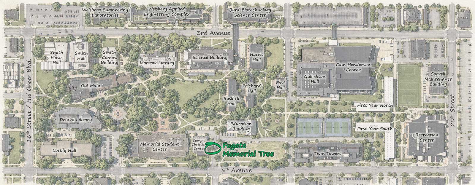 Campus map highlighting the location of the Steven T. Fugate Memorial Tree along the east side of the Campus Christian Center.