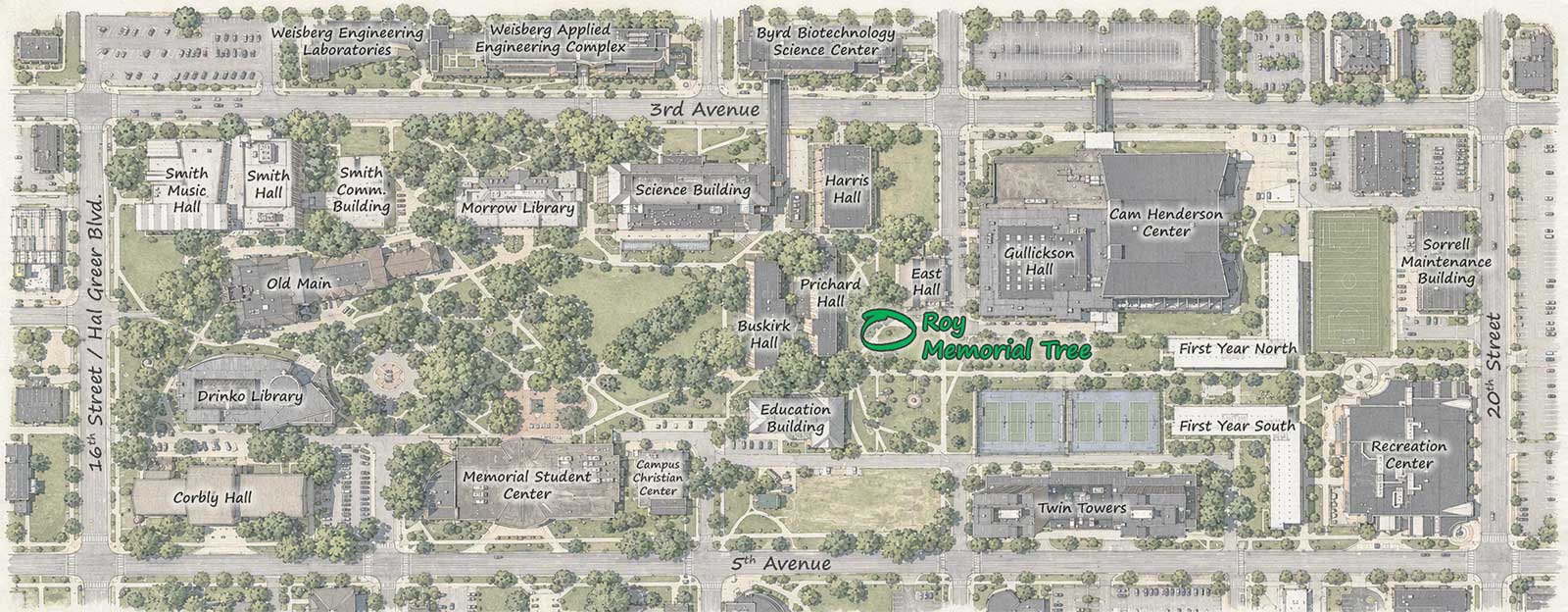 Campus map highlighting the location of the Andrea Roy Memorial Tree between Prichard Hall and East Hall.