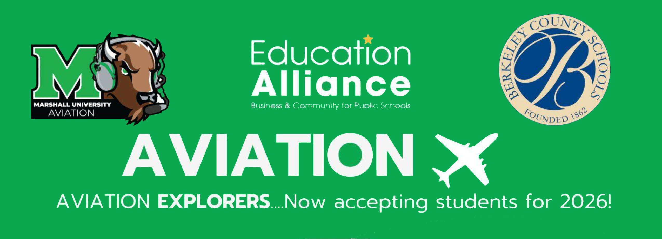 Aviation Explorers banner with logos for Marshall Aviation, The Education Alliance and Berkeley County Schools