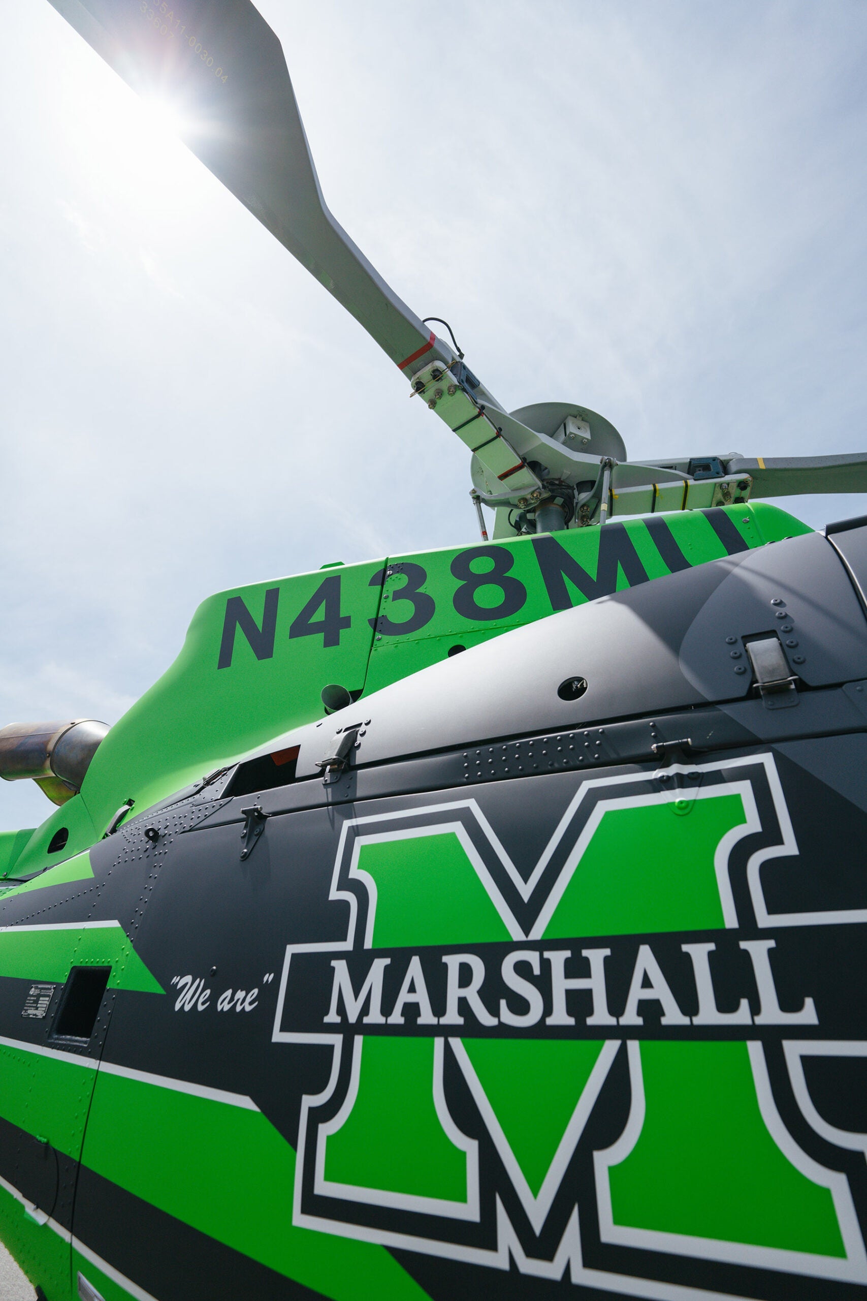 A close shot of a Marshall branded helicopter