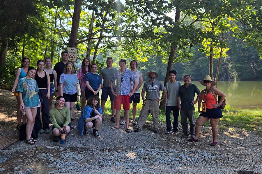 Chemistry students and faculty gather at the water before kayaking at Carter Caves State Park