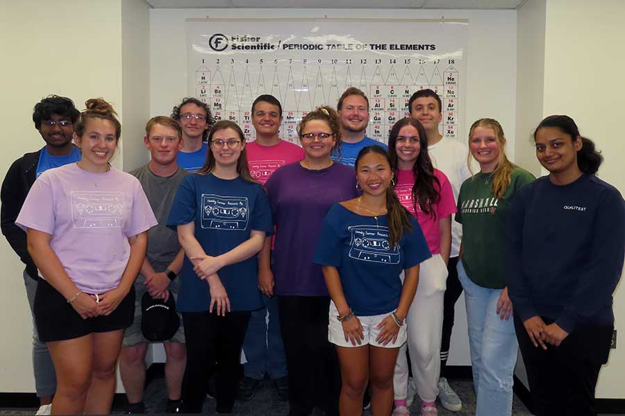 Summer Undergraduate Research participants gather in front of a large Periodic Table