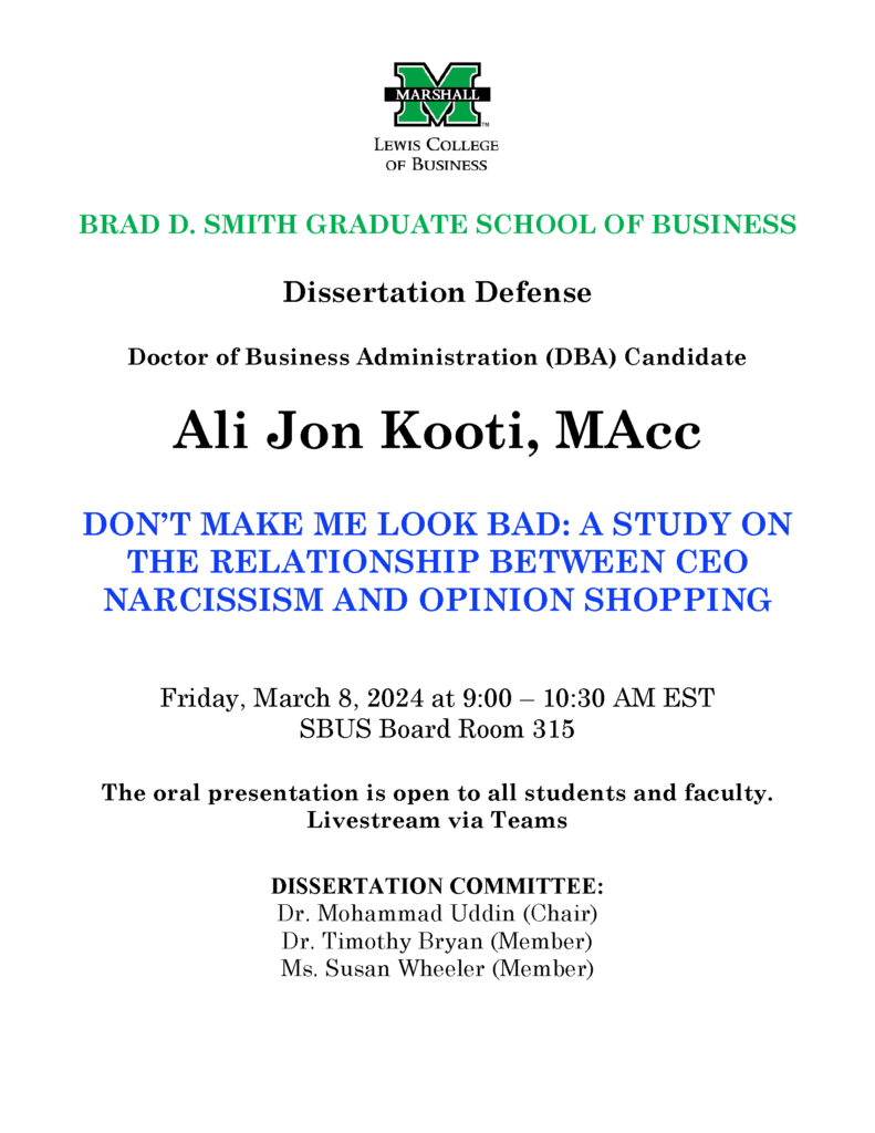 Dissertation Defense, Ali Jon Kooti, Friday, March 8, 2024, 9:00 - 10:30 AM; SBUS 315