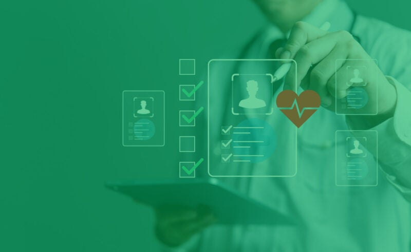 Digital checklist with doctor analyzing virtual medical records, used in smart hospital platforms, AI health checklist systems diagnostics and patient data electronic health records (EHR) management. with kelly green overlay