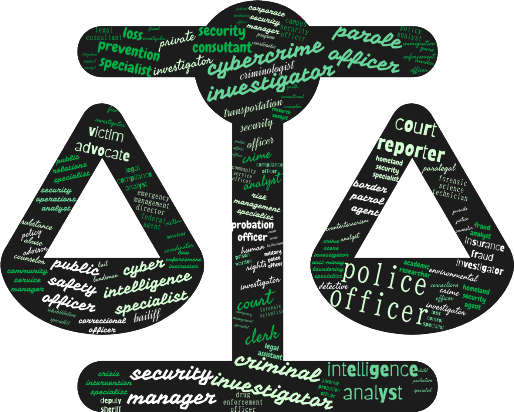 A word cloud related to various careers in criminal justice. The word cloud highlights key career paths and roles within the field, with larger words indicating more prominent or frequently mentioned careers.