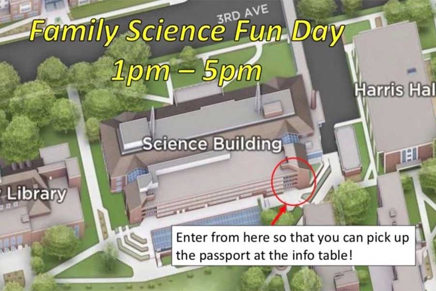 Map of campus around the Science Building showing the entrance for Family Science Fun Day at the southeast corner of the building