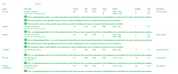 Sample COS student schedule on myMU