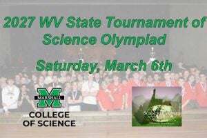 Promotional graphic for the 2027 West Virginia Science Olympiad State Tournament at Marshall University College of Science on March 6, 2027, featuring a group of medal-winning students from a previous Science Olympiad tournament in the background.