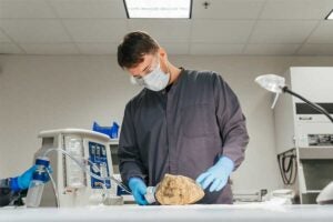 A forensic science student wearing laboratory safety equipment examines a large evidence sample in a forensic laboratory at Marshall University