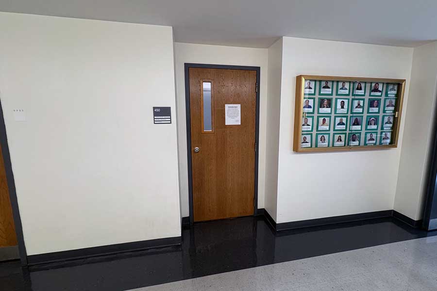Office door for the Department of Chemistry found in room 450 on the east end of the 4th floor of the Science Building