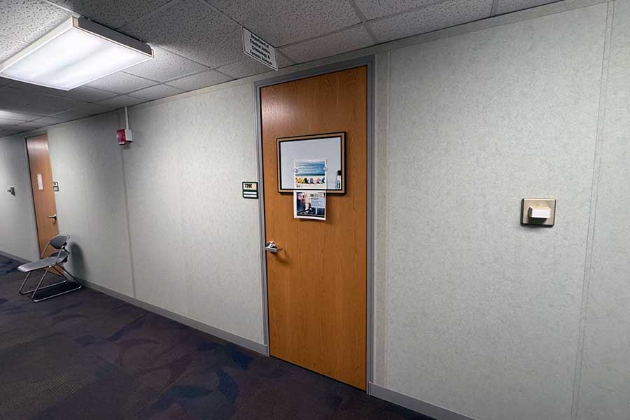 Office door for the Department of Criminal Justice, Criminology, and Forensic Sciences found in room 739E on the south end of the 7th floor of Smith Hall