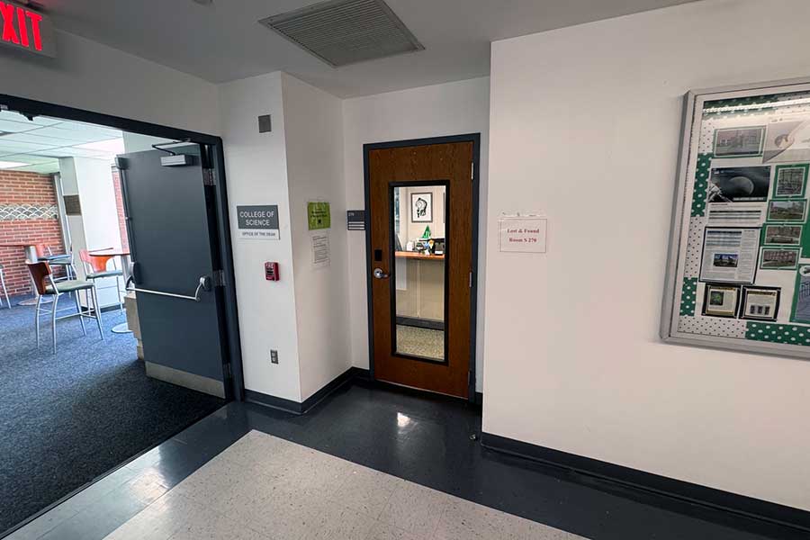 Office door for the College of Science Dean's Office found in suite 270 on the west end of the 2nd floor of the Science Building