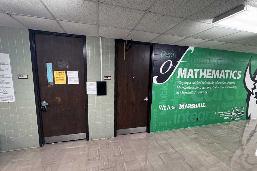 Office door for the Department of Mathematics and Physics found in room 523 on the north end of the 5th floor of Smith Hall