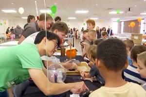 Physics students demonstrate hands-on experiments and interactive science activities for children and families at the West Virginia Makes Festival on Marshall University’s campus.