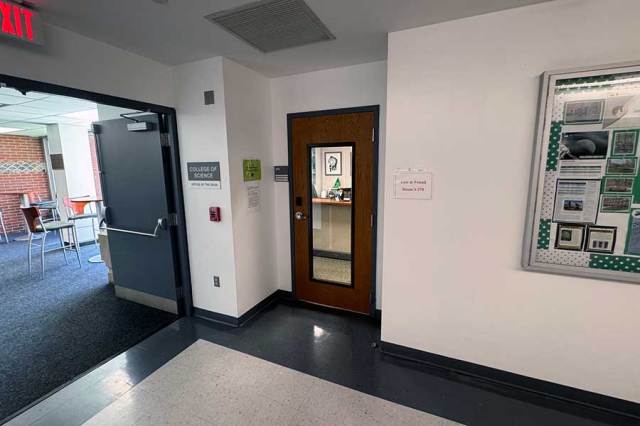 Office door for the College of Science Dean's Office found in suite 270 on the west end of the 2nd floor of the Science Building