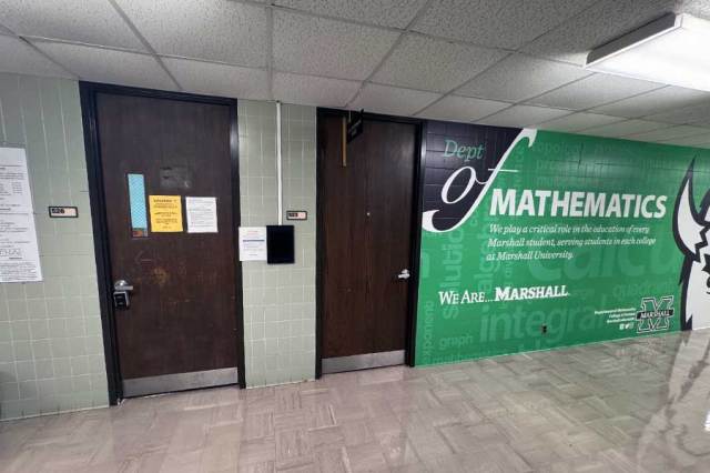 Office door for the Department of Mathematics and Physics found in room 523 on the north end of the 5th floor of Smith Hall