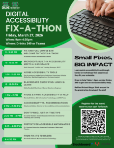 FULL SCHEDULE

Drop into sessions as your schedule allows.

9-9:50 Fix and Fuel Coffee Bar, Welcome to the Fix-a-Thon! (Academic Affairs and Marshall Online)Enjoy coffee and refreshments while we discuss federal digital accessibility standards and how to get the most out of the Fix-a-Thon.

10-10:50 Microsoft: Built-In Accessibility Meets AI Assistance (Jimil Vineyard, Tech Ed Training Manager, MUIT): Learn how to use Microsoft's core accessibility tools, including Copilot, and strengthen accuracy through human oversight.

11-11:50 Adobe Accessibility Tools (Dan Armstrong, Adobe Senior Solutions Consultant and Katie McGuffey, Marshall Applications Systems Analyst): Learn new and exciting ways to integrate Adobe Accessibility tools into your workflow. Find out more about Adobe Acrobat's Accessibility tools.

12-1 Blackboard Ally Quick Wins: Lunch and Learn (Eddie Randall, Blackboard Senior Solutions Engineer): Learn Blackboard Ally quick fixes for challenging tables, PDFs, and alt text. Lunch hosted by Blackboard (seats limited).

1-2 Pause and Paws: Accessibility 1:1 Help (Marshall Online, MU Info Tech, MU Paws) Drop in for quick one-on-one help. Pet a therapy dog. Repeat.

2-2:20 Accessibility vs. Accommodations (Stephanie Ballou, Director of Office of Accessibility and Accommodations) Learn how our office supports digital accessibility, the difference between accommodations and broader access, and how to know when a student needs an EEAAP.

2:20-3:00 Don't Panic: Just-in-Time Tips (Dr. Jamie Warner, Interim Assistant Director of Center for Teaching and Learning) Not sure where to begin? This session walks through high-impact accessibility fixes using a just-in-time checklist.

3:15-4:00 PreTeXt for Accessible Mathematics (Dr. Stephen Deterding, Assistant Professor of Math and Physics) Learn how to create and convert documents with mathematical equations and formulas to accessible HTML, PDF, and even Braille. Participants should create a free account at www.github.com prior to the workshop.

4:00-4:30 From Fix-Its to Habits (Marshall Online and MU Information Technology) We'll summarize resources from the day and answer questions.