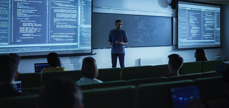 A cyber expert conducting a training session