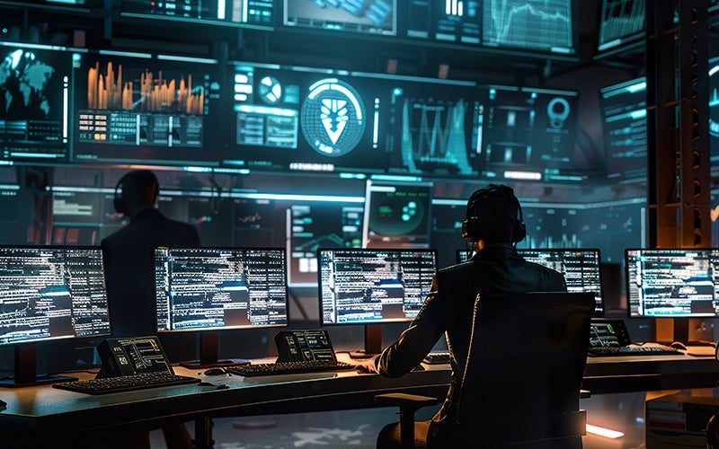 Someone works on a computer in a cyber command center full of various screens containing cyber data