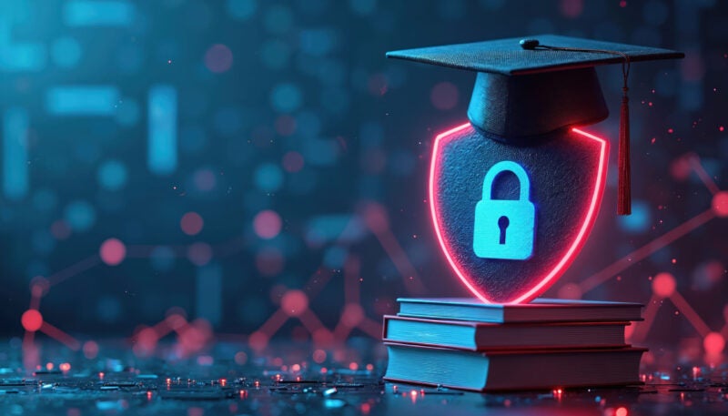 A graphic shows a lock shield on a stack of books with a graduation cap on top