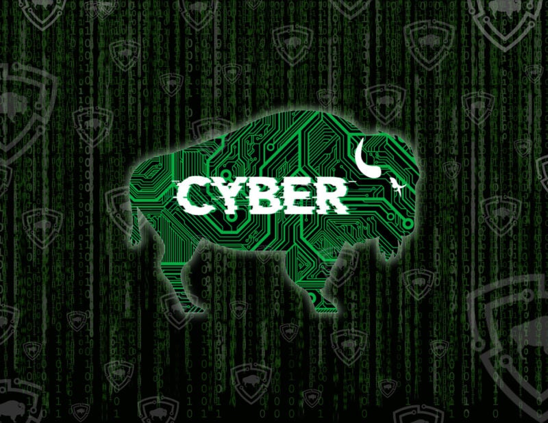 Green and black graphic with CYBER written over a digital bison
