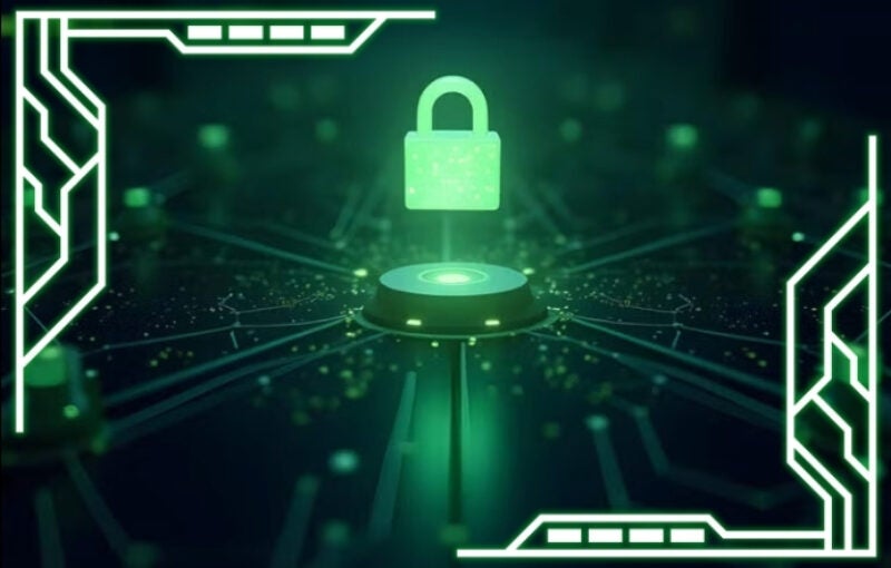 Graphic with green, glowing lock in the middle