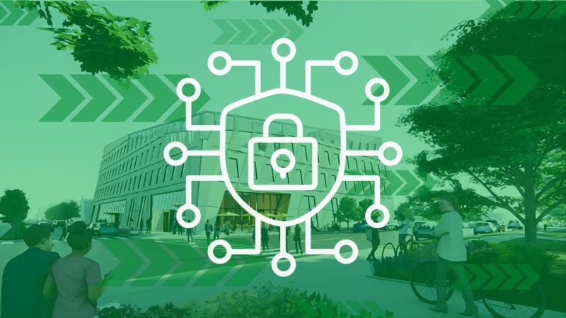 A green, lock graphic over a rendering of the Marshall ICS bulding.