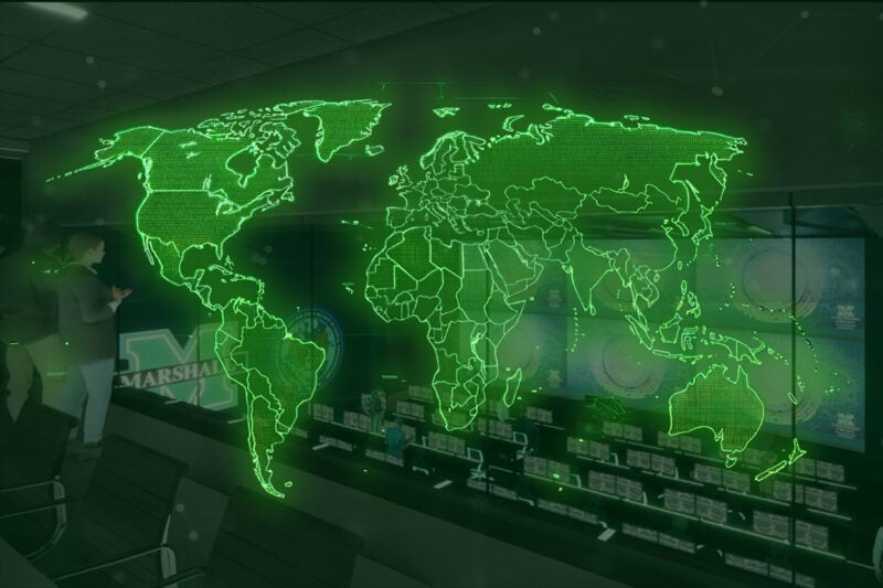 Green glowing graphic of the world over a photo of rendering of the ICS lab