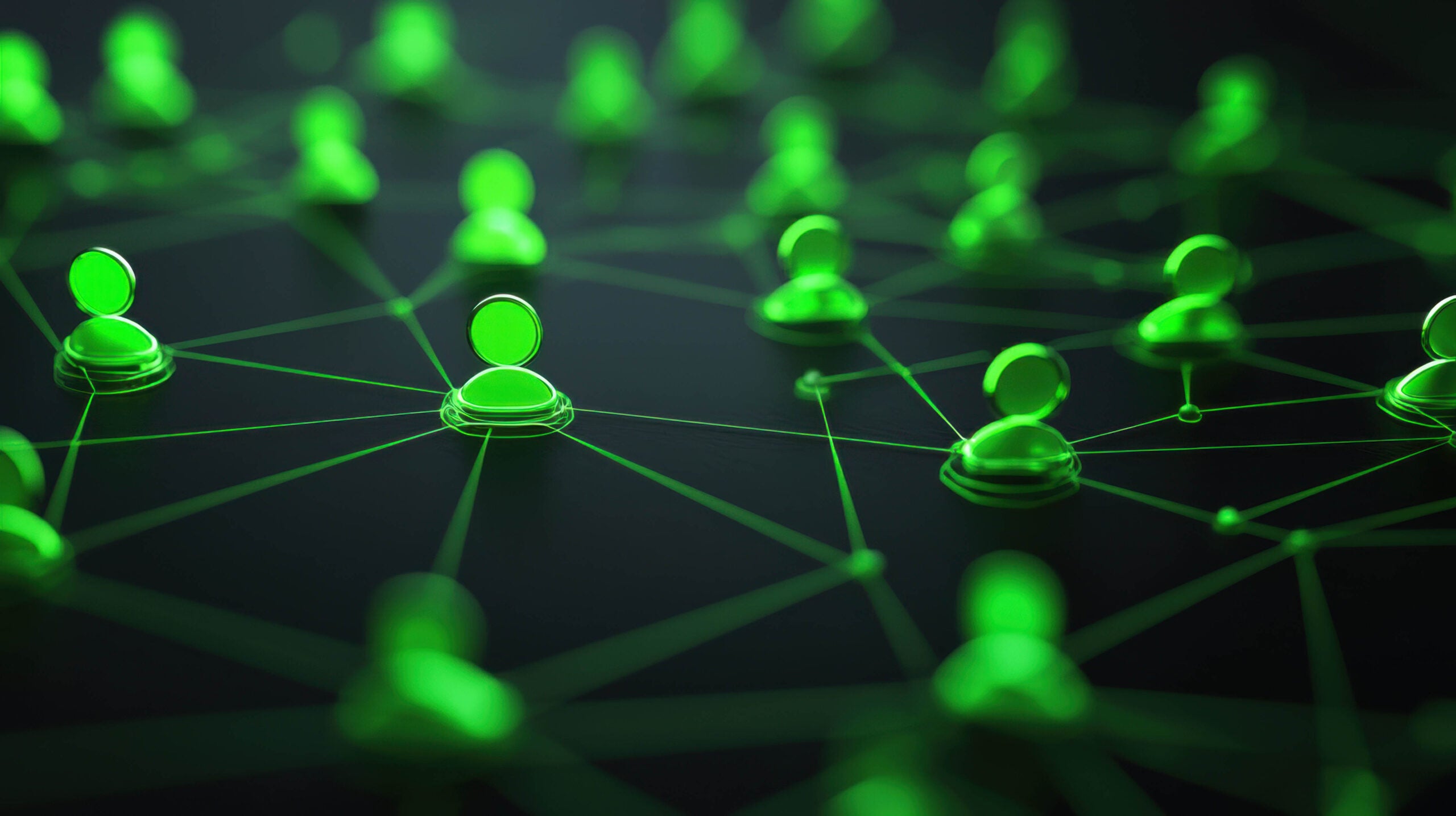 A green graphic with lines connecting a web of people