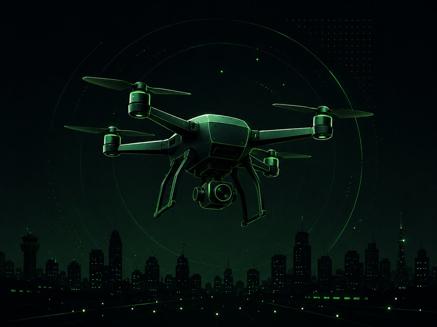 a drone lit in green against a black background
