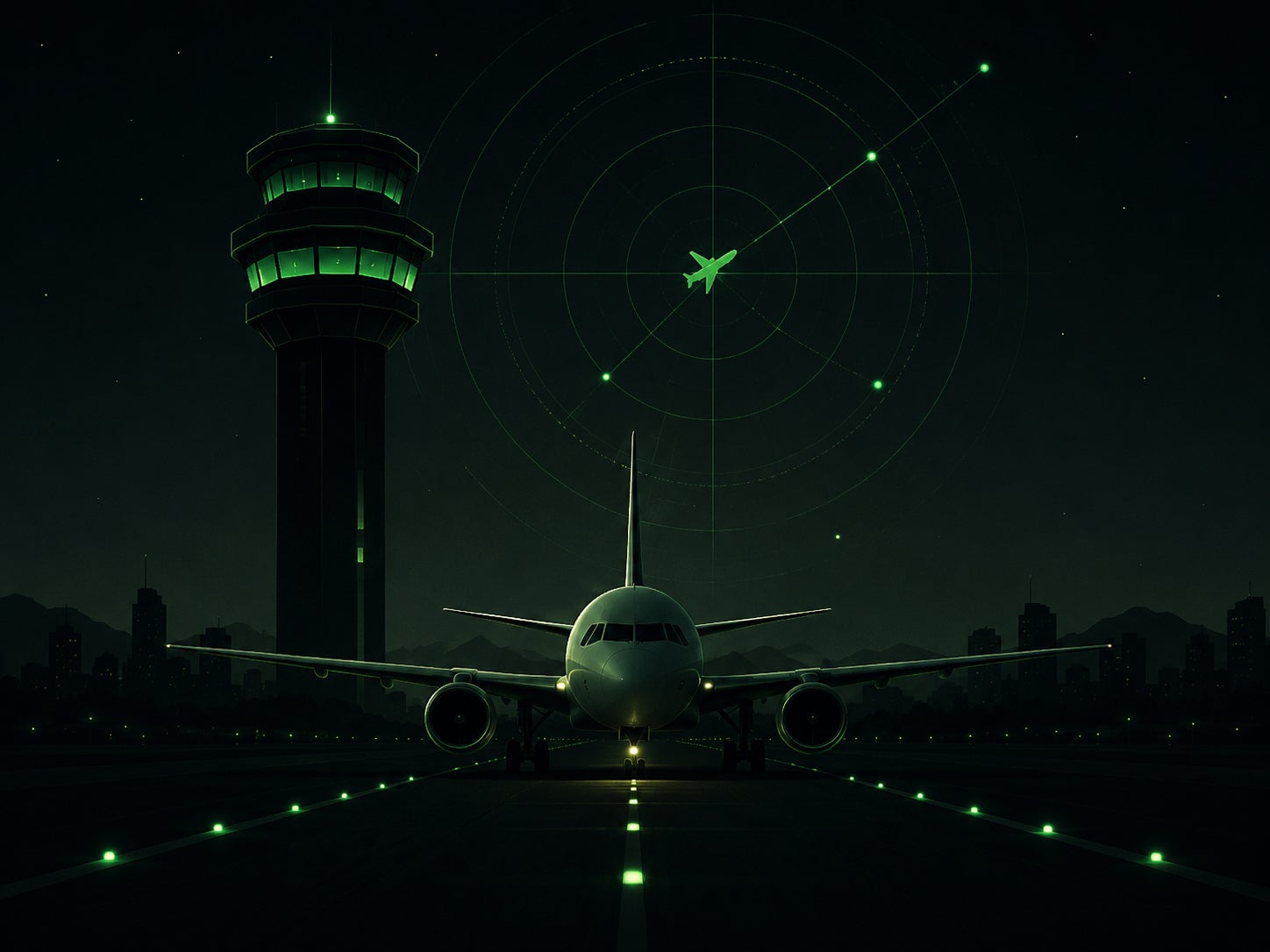 An airplane and flight tower lit in green against a back background